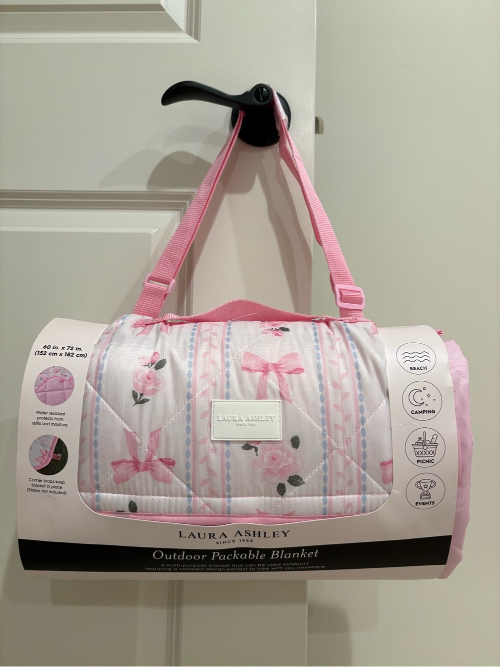 Laura Ashley Pink Floral & Bows Outdoor Packable Blanket NWT